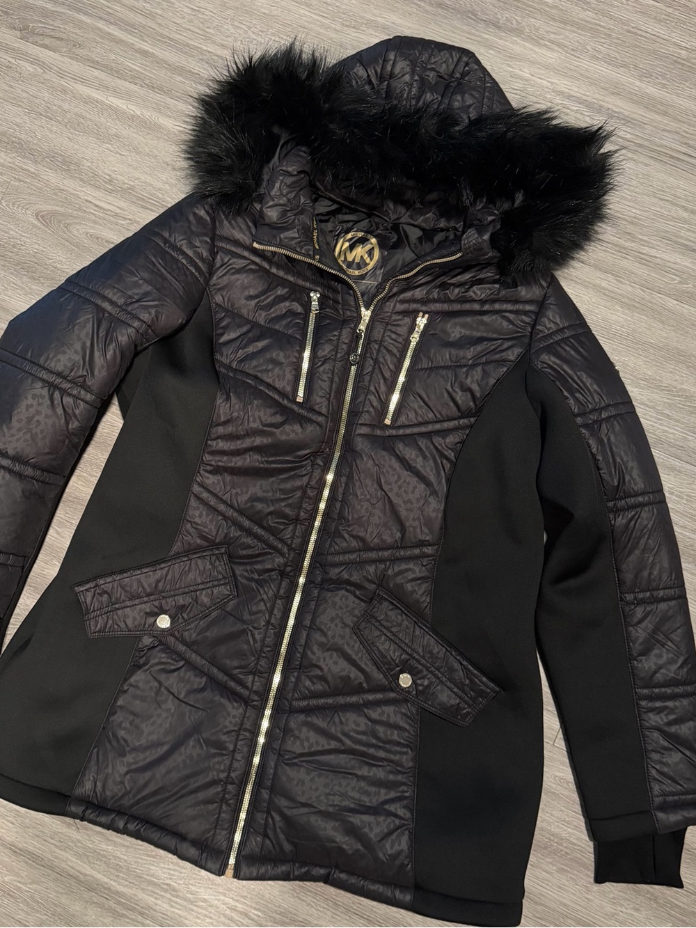 Michael Kors Black Hooded Puffer with Faux Fur Trim